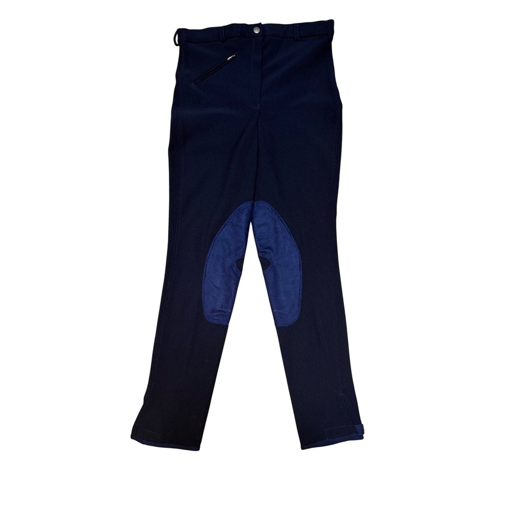 TuffRider Navy Ribbed Knee Patch Breeches Women Size 30R Front Zip Equestrian